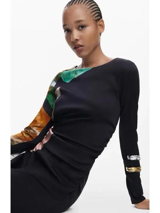 New Desigual Mix Print Long Sleeve Midi Dress In Black Size S $169 - Picture 3 of 9